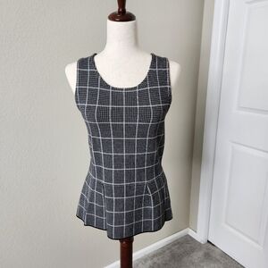 White House Black Market Black Windowpane Plaid Bodice Printed Knit Top Size S